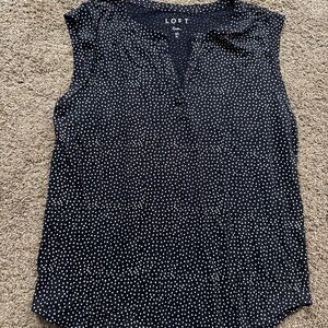 LOFT Women's Medium 100% Linen Navy White Polka Dot Top EUC